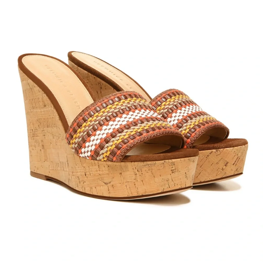 Veronica Beard Dali Multi Woven Raffia Cork Wedge Slide Sandals Brown Tan 9 NIB
